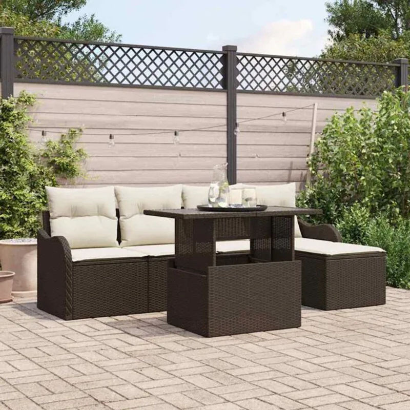 vidaXL Garten-Sofa-Set aus Poly-Rattan mit Kissen und integriertem Stauraum in Braun, 6-teilig - Bild 1