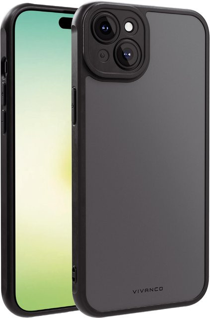 Vivanco Frosted Cover Handyhülle für iPhone 15 Plus mit integriertem Kameraschutzrahmen, semi-transparent Schwarz - Bild 1