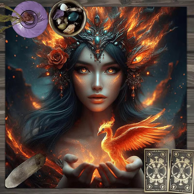 VIKAMA Phoenix Divination Tischdecke mit goldenen Flammen und Stardust-Effekt für Tarot und Altar-Dekoration - Bild 1