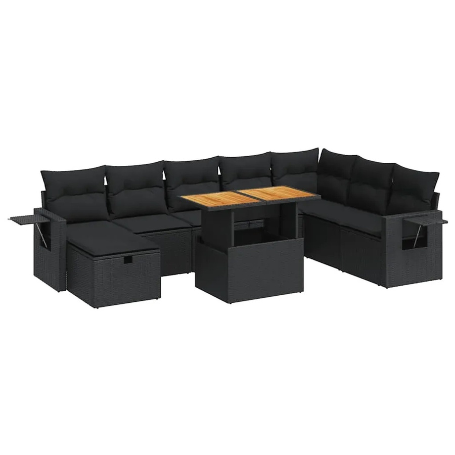 vidaXL 9-teilige Garten-Sofagarnitur aus Poly-Rattan und Akazienholz in Schwarz mit Kissen - Bild 2