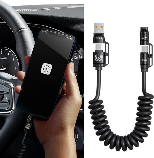 65 W Vier-in-Eins Teleskop Auto Datenkabel in Schwarz mit CarPlay Kompatibilität für Apple und Huawei Geräte - Bild 1