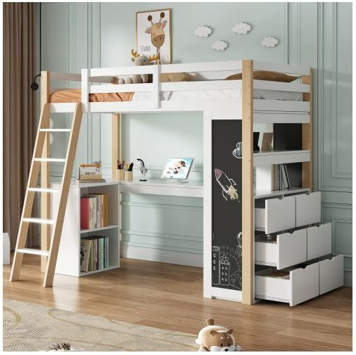 MUVOE Multifunktionsbett für Kinder mit Schreibtisch, Tafel, Leiter und Aufbewahrungsregal, Weiß und Naturholz-Finish, B/T/H: 90 x 200 cm - Bild 1