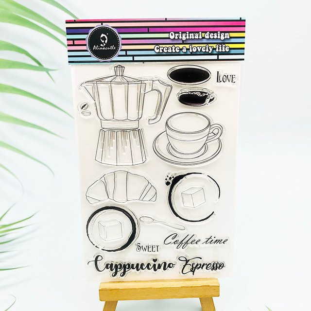 AlinaCraft Kaffeezeit Stempel aus Silikonkautschuk für Scrapbooking und Handwerk, transparent und braun - Bild 1