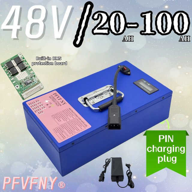 PFVFNY 48V 40Ah Lithium-Batterie mit 18650 Zellen und BMS Leistungsmonitor in Blau - Bild 1
