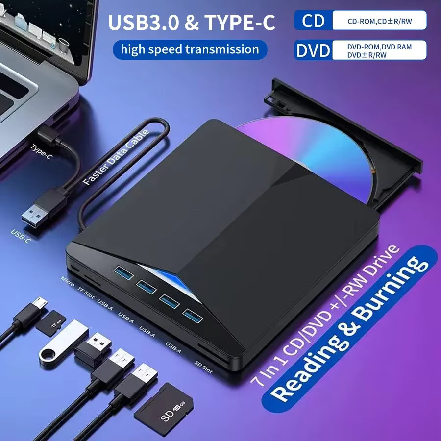 LOLGOOD 7-in-1 Externes DVD CD RW Laufwerk mit USB 3.0 und USB-C Anschluss, DVD Brenner und Lesegerät in Schwarz - Bild 2