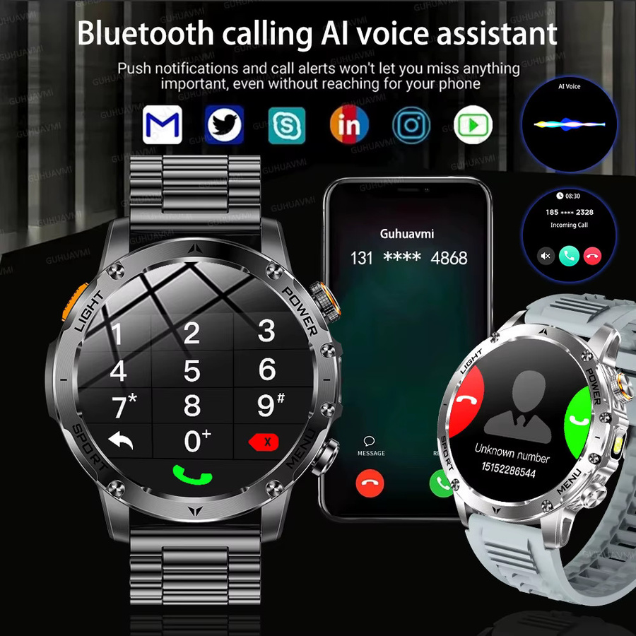 GUHUAVMI Smartwatch für Herren in Schwarz mit 1,7 Zoll AMOLED-Bildschirm, Bluetooth-Anruf, Herzfrequenzmessung und wasserdichtem Outdoor-Militär-Design mit 1000mAh Akku - Bild 3