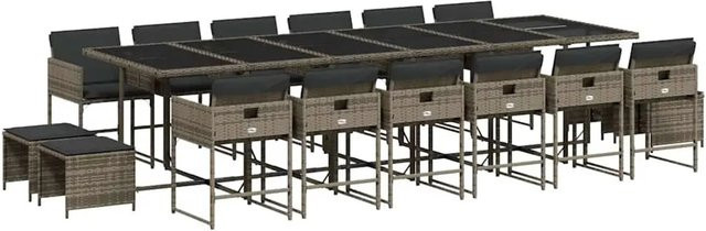 vidaXL 17-teilige Garten-Essgruppe aus grauem Poly-Rattan mit Kissen und Hartglas-Tischplatte - Bild 1
