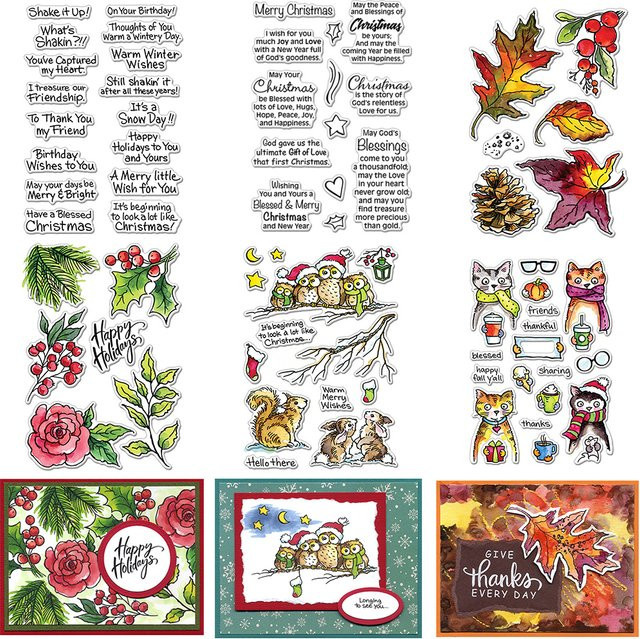 Transparente Motivstempel für Scrapbooking und DIY-Bastelarbeiten mit Weihnachtsblättern, Blumen, Eichhörnchen und Eulen in Mehrfarbig - Bild 1