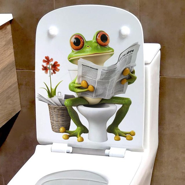 Binchi Wasserdichter Vinyl Toilettenaufkleber mit lustigem Cartoon Frosch in Grün zur Badezimmer und WC Dekoration - Bild 1