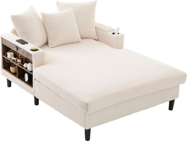 GOMYWAY Home Multifunktionale Cord-Chaiselongue in Beige mit beidseitigen Getränkehaltern und klappbarer Armlehne, B/T/H: 129 x 170 x 70 cm - Bild 1
