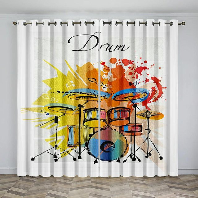 Stilvolle Musikbühne Vorhänge mit Gitarren-Design, halbtransparentes Polyester in Weiß, 2er-Set, Breite: 65 cm, Höhe: 60 cm - Bild 1