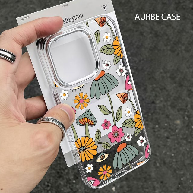 Aurbe Handyhülle Boho Blooms für iPhone 17 16 15 14 13 12 11 Pro Max mit silbernem Linsenrahmen, Transparent - Bild 1