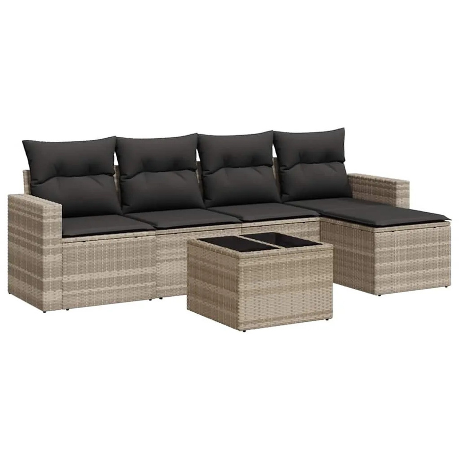 vidaXL 6-teilige Garten-Sofagarnitur in L-Form aus Poly Rattan mit Kissen und Couchtisch in Hellgrau - Bild 2