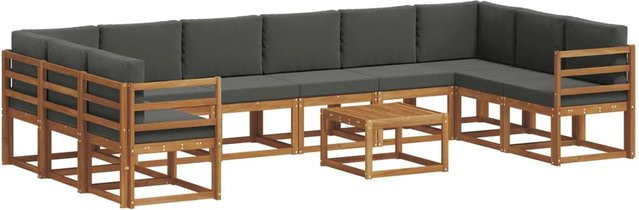vidaXL Outdoor-Sofagarnitur aus Akazienholz in L-Form mit 11-teiligem Set, Farbe Anthrazit und Natur, inklusive wetterfester Kissen - Bild 1