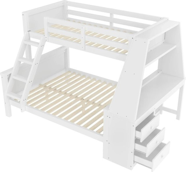 KOMHTOM Etagenbett für Kinder in Weiß mit Tisch, Stauraum und integrierten Schubladen, Material Kiefernholz und MDF, B/T/H: 230 x 140 x 154 cm - Bild 1