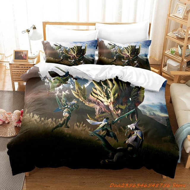 Monster Hunter Rise Bettwäsche-Set mit 3D-Cartoon-Anime-Design, dreiteiliges Schlafzimmer-Set für Erwachsene und Kinder, B/H: 150 x 200 cm - Bild 1