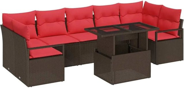 vidaXL Garten-Sofa-Set 8-tlg. aus Poly-Rattan in Braun und Rot mit Kissen und Couchtisch - Bild 1