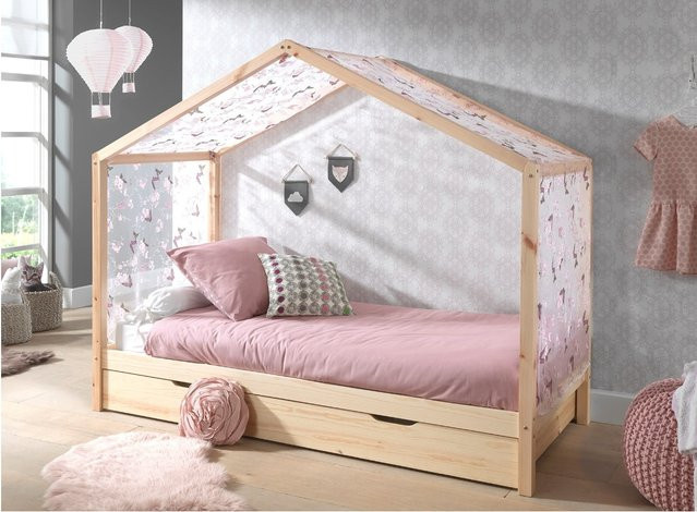Vipack Hausbett Dallas 3 aus Massivholz mit Textilhimmel und Bettschublade, Farbe: Braun, Liegefläche: 90 x 200 cm - Bild 1