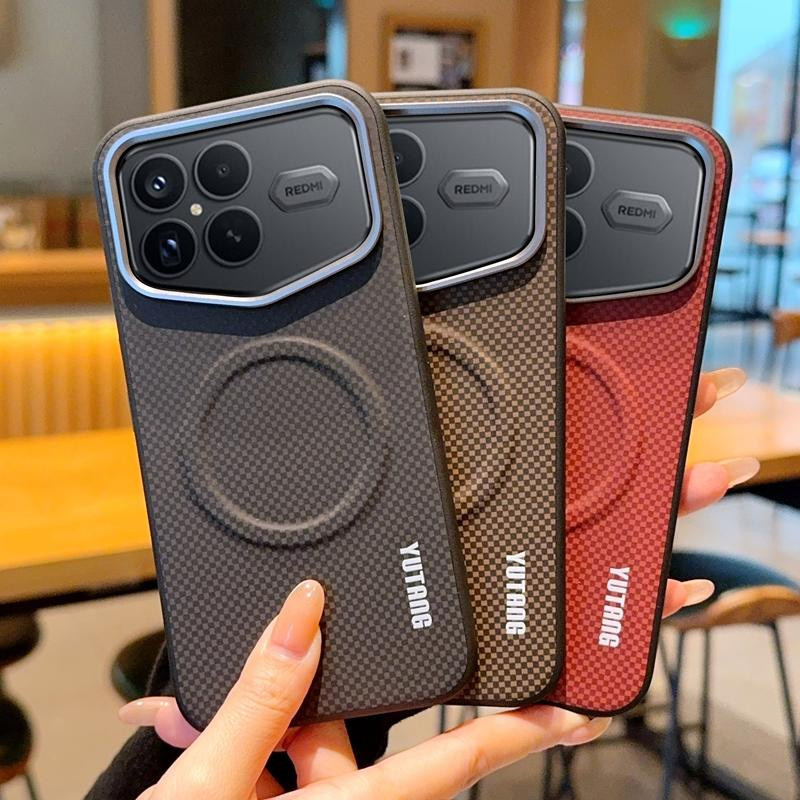 Magnetische Schutzhülle für Xiaomi POCO F8 Ultra und F8 Pro aus PU-Leder mit Carbonfaser-Textur und Metallknopf in Schwarz - Bild 2