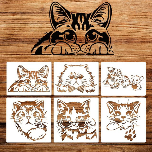 SZwatch 6er Set Katzen-Bastelschablonen aus Kunststoff in Schwarz und Weiß für DIY-Projekte auf Holz, Möbeln, Leinwand und Stoff - Bild 1