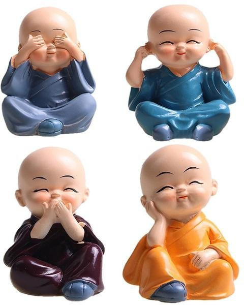 Set mit 4 dekorativen Mönchsfiguren aus Harz von Good Luck Zuo als Tischornamente mit den Motiven Höre nichts Böses, sehe nichts Böses, sprich nichts Böses und tue nichts Böses - Bild 1