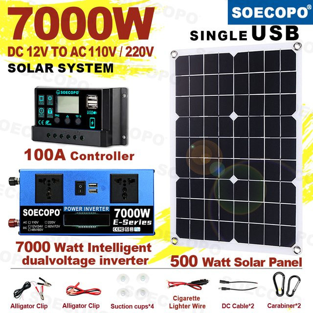soecopo Solarsystem Komplettset 7000 W Off-Grid-Wechselrichtersystem für Heim und Camping mit 500 W Panel und 100 A Controller für 12 V/24 V auf 110 V/220 V - Bild 1