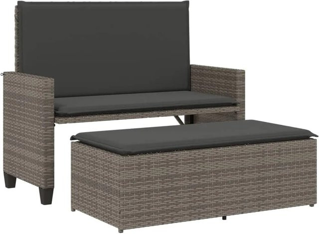 vidaXL Gartenbank aus Polyrattan mit Kissen und Hocker, Grau, B/T/H: 122 x 115 x 97 cm - Bild 1