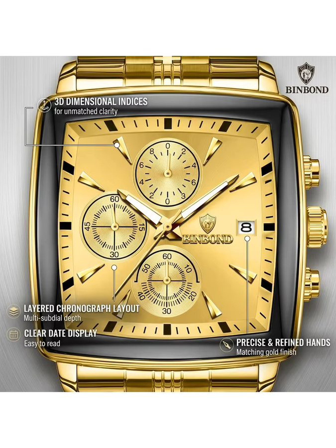 BINBOND Chronograph Armbanduhr, Edelstahl, Gold, Eckig, Quarz, Herren - Bild 7