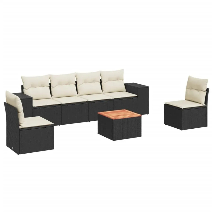 vidaXL 7-teilige Garten-Sofagarnitur aus Poly-Rattan und Akazienholz in Schwarz-Creme mit Kissen - Bild 2