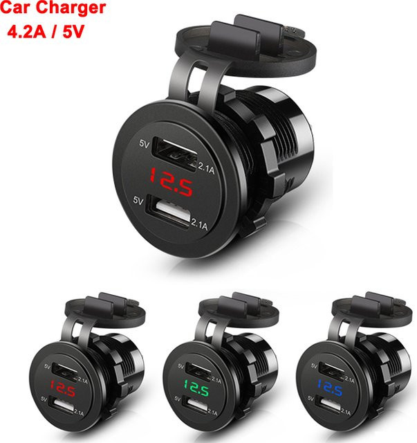 Kebidumei Dual USB Auto Ladegerät in Schwarz mit Voltmeter, wasserdichte Schnelllade-Steckdose für Auto, Marine und Motorrad, 4,2 A/5V - Bild 1