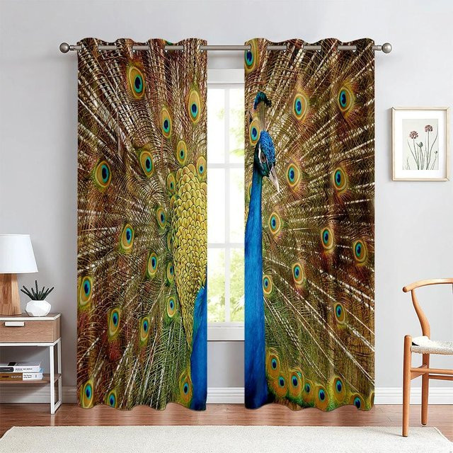 Dekorative Vorhänge im Vintage-Stil mit Azur-Blau und Goldener Pfau-Blumenmuster, 2er-Set mit Ösen, Breite: 60 cm, Höhe: 100 cm - Bild 1
