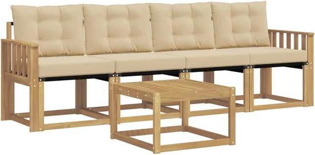 vidaXL Outdoor-Sofagarnitur 5-teilig aus Akazienholz mit Kissen in Weiß und Beige - Bild 1