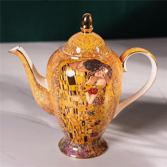 Yiran Furniture Kaffeeservice Gustav Klimt Kuss aus Knochenporzellan mit Golddekor inklusive Teekanne, Milchkännchen, Zuckerdose und Tassen-Set - Bild 1