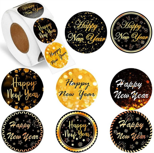 100 Stück Frohes Neues Jahr Aufkleber in 8 Designs, runde Etiketten in Schwarz, Gold und Blau, Durchmesser: 2,5 cm - Bild 1