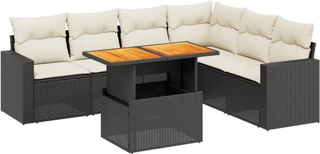 vidaXL 7-teilige Garten-Sofagarnitur aus Poly-Rattan und Akazienholz in Schwarz-Creme mit Kissen - Bild 1