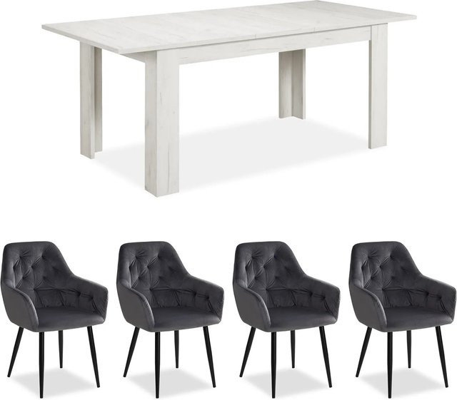 Homestyle4u Essgruppe mit ausziehbarer rechteckiger Tafel und 4 Polsterstühlen in Grau und Weiß - Bild 1
