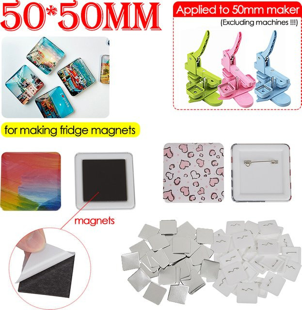 100 Set quadratische Abzeichen und Kühlschrankmagnete zum DIY Basteln aus Metall, 50 x 50 mm - Bild 1