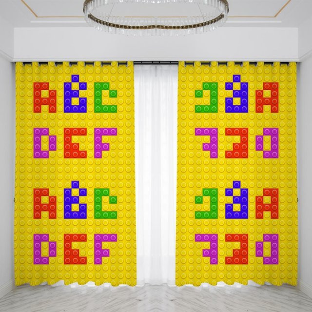 Dekorativer Vorhang mit animiertem Vergnügungspark-Design und Bausteinmuster für Kinderzimmer und Kindergarten, Mehrfarbig, Höhe: 130 cm, Breite: 250 cm - Bild 1
