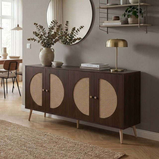 MCW Sideboard P49 Kommode mit Poly-Rattanfront in Walnuss-Optik, B/T/H: 160 x 40 x 80 cm - Bild 1