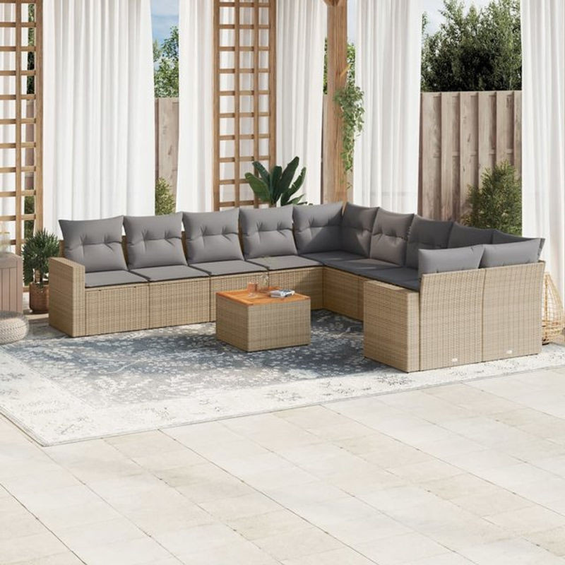 Vidaxl Gartenmöbel-Set aus Polyrattan und Akazie mit 11 Teilen und Kissen, Beige - Bild 1