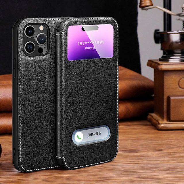 Magnetische Leder-Telefonhülle mit Clear View Fenster für Apple iPhone, Farbe: Schwarz - Bild 1