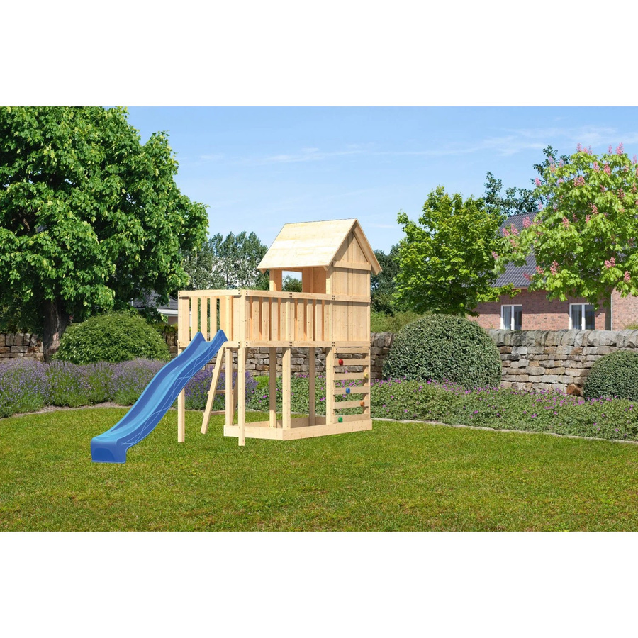 Karibu Stelzenhaus Frieda mit Anbauplattform, Kletterwand und Rutsche in Blau - Bild 2