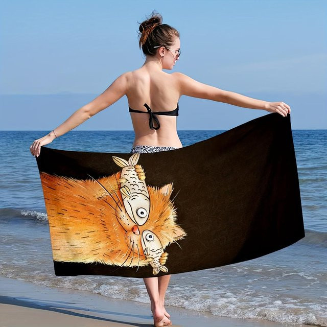 Dalangpa Strandtuch mit abstraktem Fisch und Katze Cartoon Design, weich und schnelltrocknend, Unisex, Weiß/Mehrfarbig, B: 40 cm, H: 60 cm - Bild 1