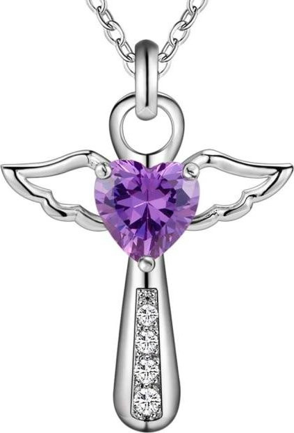 Mode Marke Halskette 925 Silber, Engel Kristall Kreuz Anhänger, violett, 45 cm, Damen - Bild 1