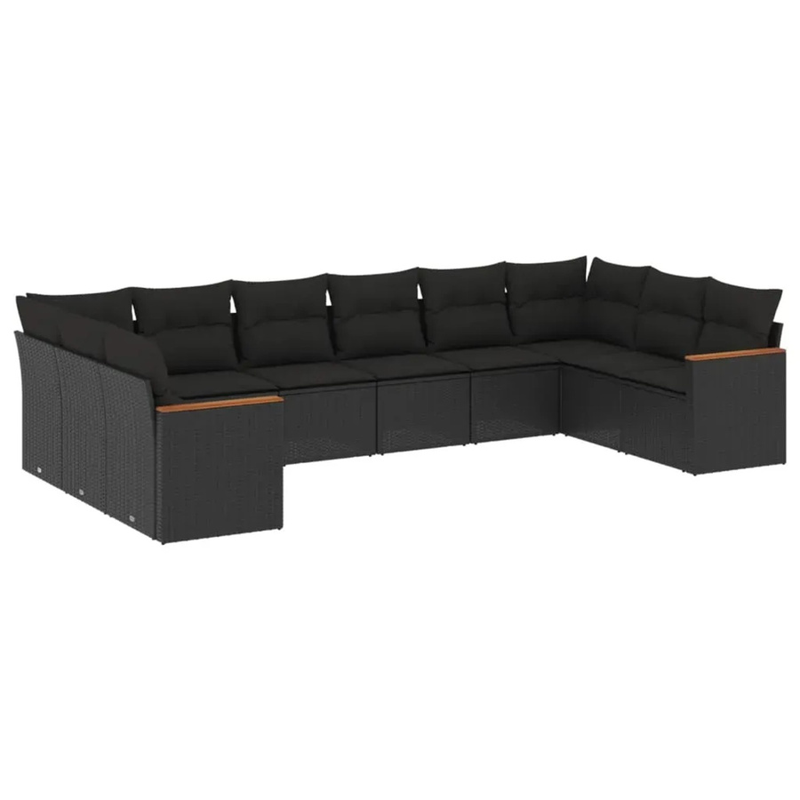 vidaXL 10-tlg. Garten-Sofagarnitur in L-Form aus Poly-Rattan und Akazienholz mit Kissen, Schwarz - Bild 2