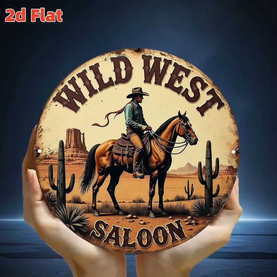 Rundes Wandkunstschild Wild West Saloon von Potdemiel – Rustikale Cowboy- und Pferdewüstenszene mit Kakteen aus Metall, Mehrfarbig, Durchmesser: 19,79 cm - Bild 4
