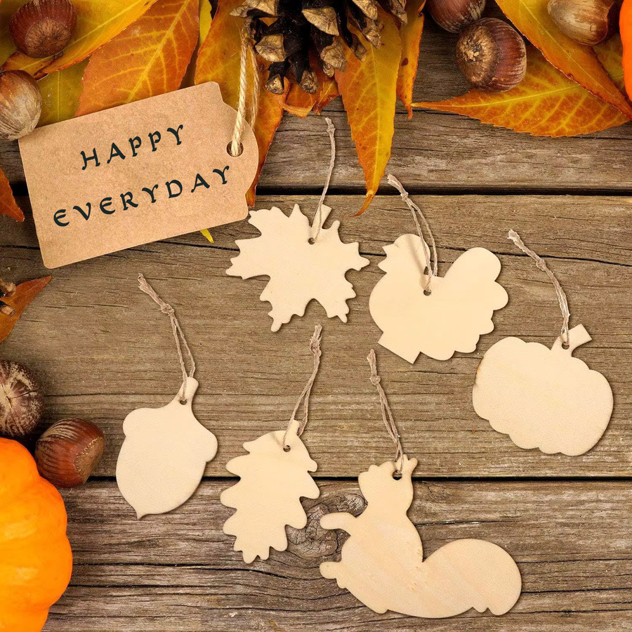 12-teiliges Thanksgiving-Set aus weißem Holz mit Kürbis, Truthahn, Ahornblatt, Eichhörnchen und Tannenzapfen als hängende Dekoration für deine Heimwerkerarbeiten - Bild 2