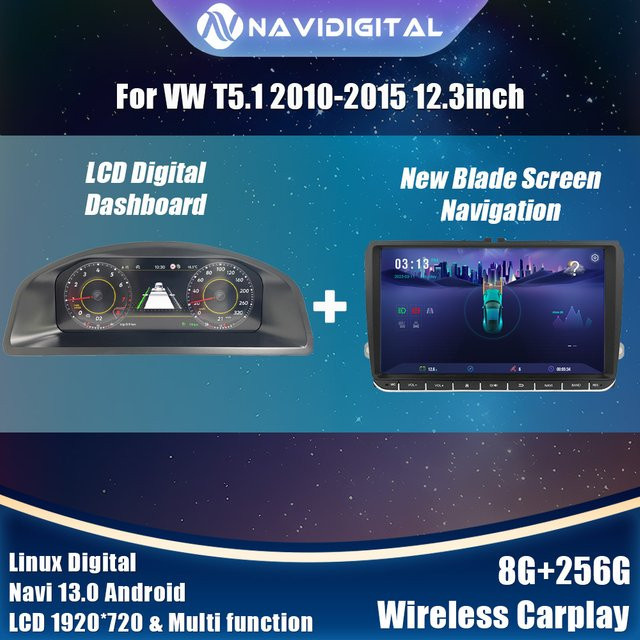 Navidigital 12,3 Zoll LCD Digital Dashboard Cluster für VW T5,1 und T5,2 (2010-2015) Android Cockpit mit Karten-Navigation in Schwarz - Bild 1