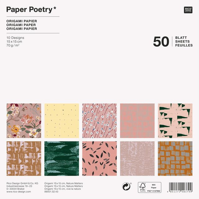 Rico Design Paper Poetry Origami Nature Matters Bastelpapier Multicolor, 50 Blatt, 15 x 15 cm - Bild 1