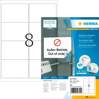 Herma Adressetiketten Special Nr. 10312, weiß, selbstklebend, ablösbar, bedruckbar, 800 Stück auf 100 Blatt, B: 99,1 mm, H: 67,7 mm - Bild 1